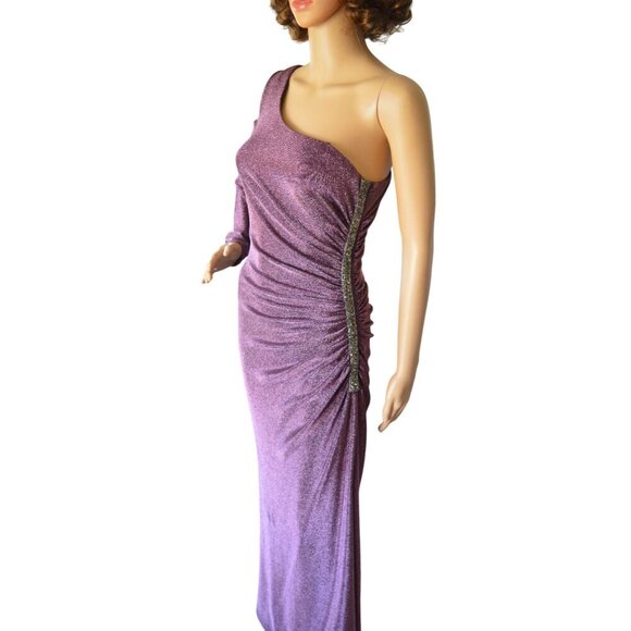 Adrianna Papell Purple One Shoulder Metallic Knit Draped Sheath Ball Gown Size 8 - Picture 4 of 9